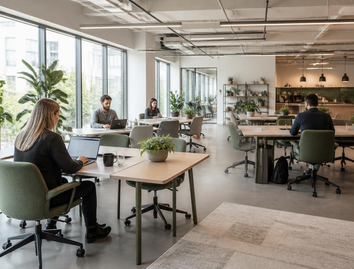Espaço de coworking moderno com pessoas trabalhando em mesas compartilhadas